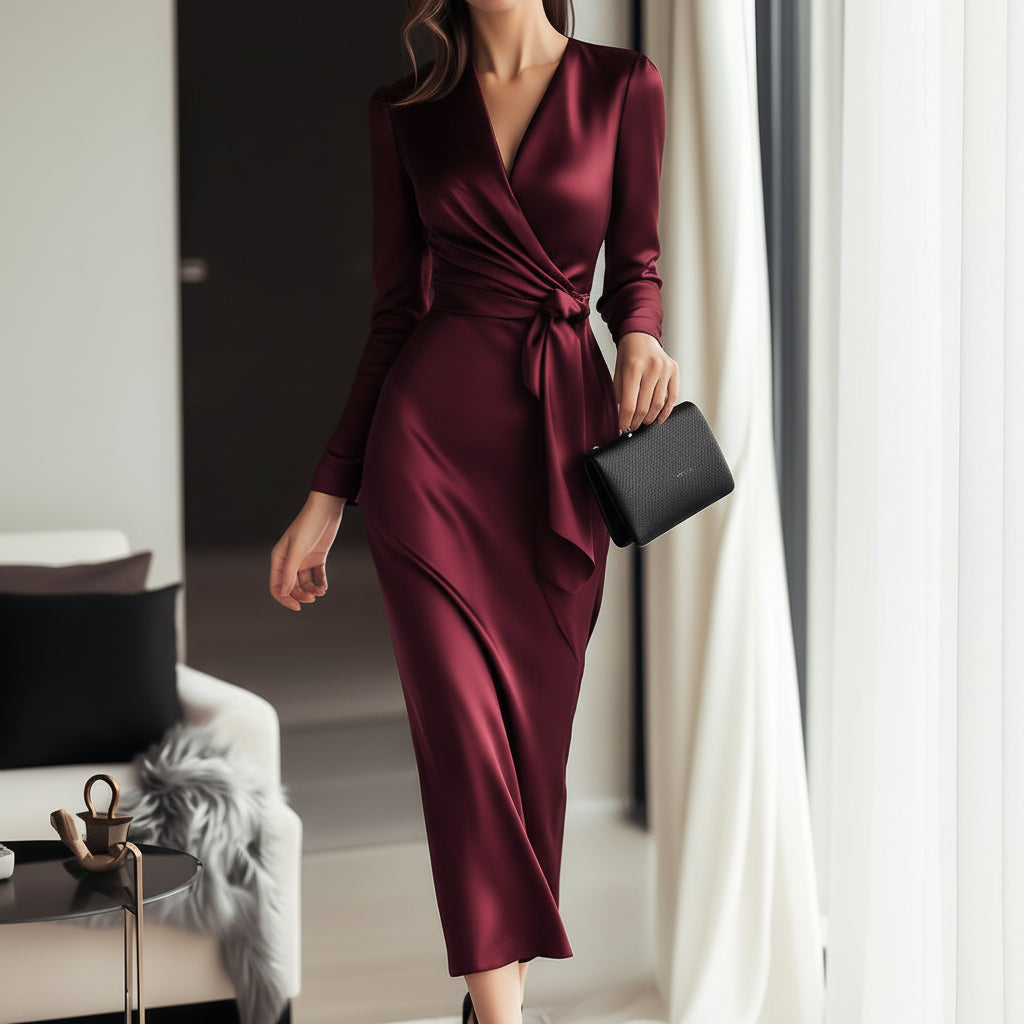 Moira | Timeless Burgundy Satin Wrap Dress with Elegant Waist Tie for Cocktail and Formal Occasions 0