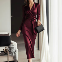 Moira | Timeless Burgundy Satin Wrap Dress with Elegant Waist Tie for Cocktail and Formal Occasions 0