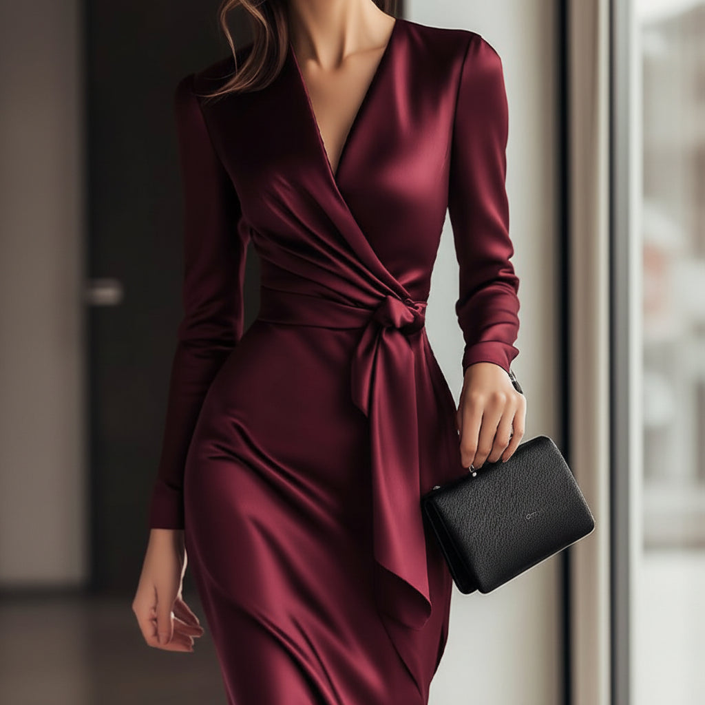 Moira | Timeless Burgundy Satin Wrap Dress with Elegant Waist Tie for Cocktail and Formal Occasions 1