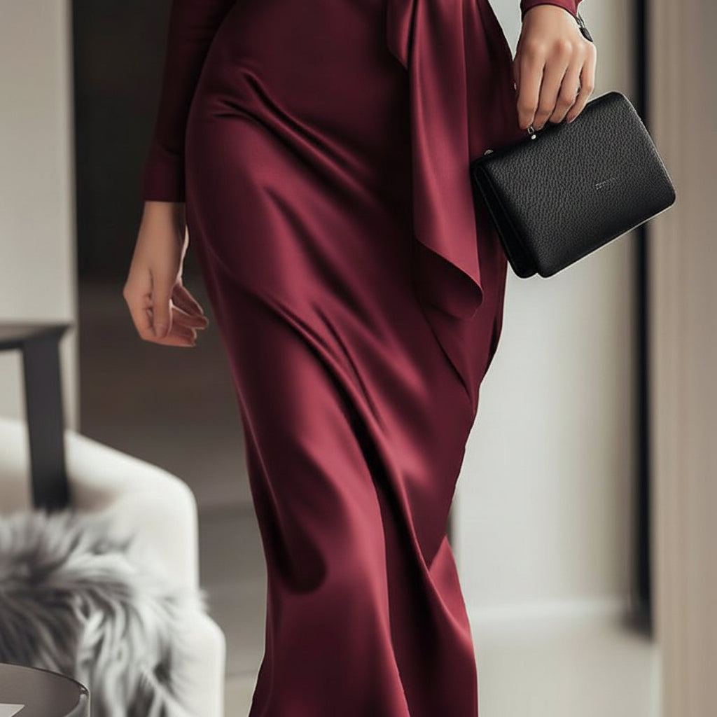 Moira | Timeless Burgundy Satin Wrap Dress with Elegant Waist Tie for Cocktail and Formal Occasions 2