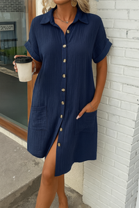 Linen Button Down Shirt Dress with Pockets