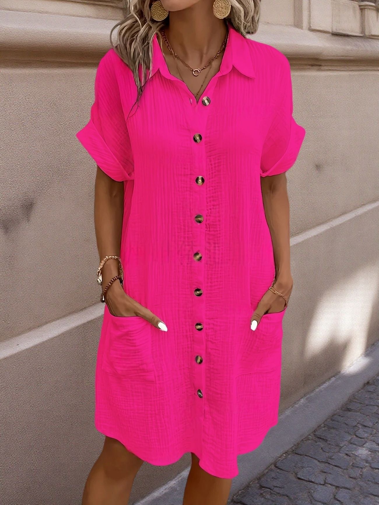 Linen Button Down Shirt Dress with Pockets