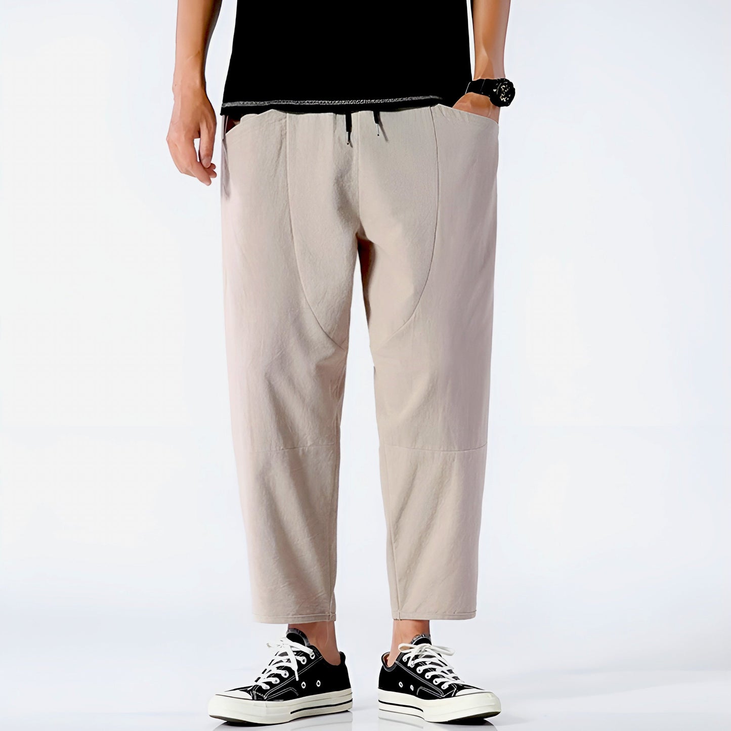 | Cropped Cotton Linen Drawstring Pants
