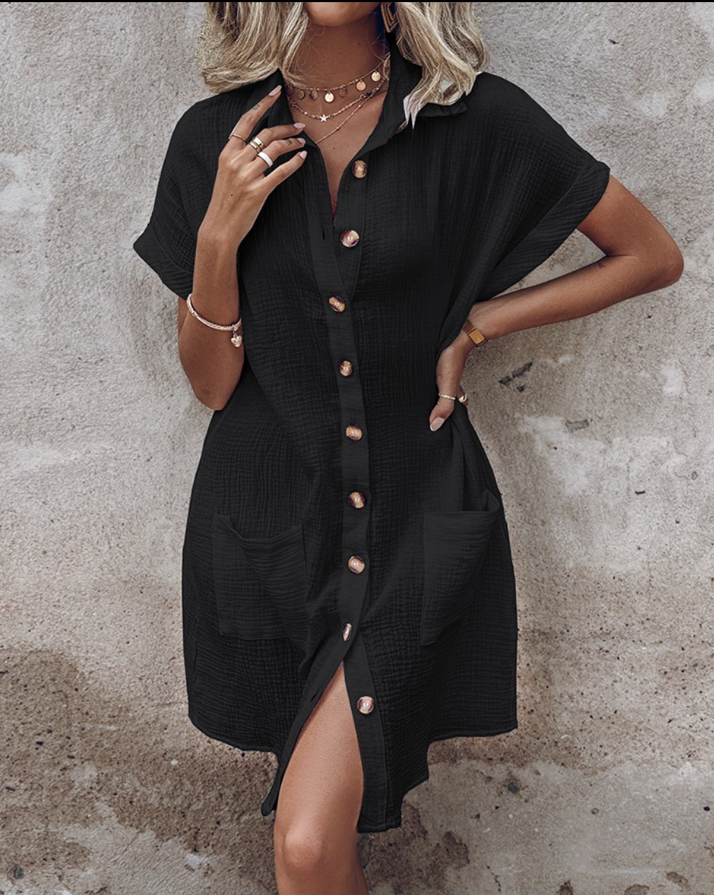 Linen Button Down Shirt Dress with Pockets