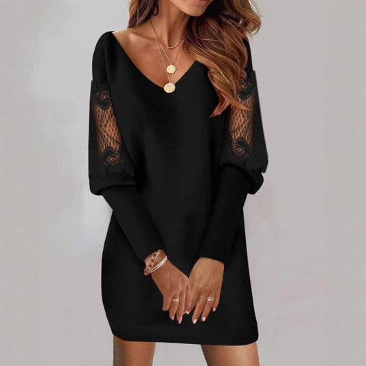 V-Neck Dress with Mesh Sleeves