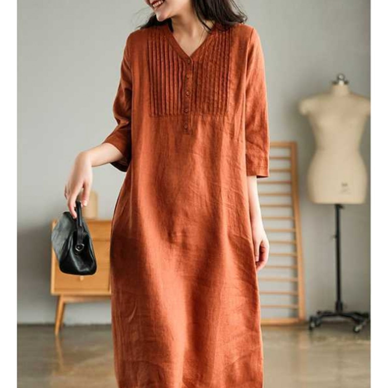 | Versatile Long Dress with Accordion Pleats and Breathable Linen Fabric