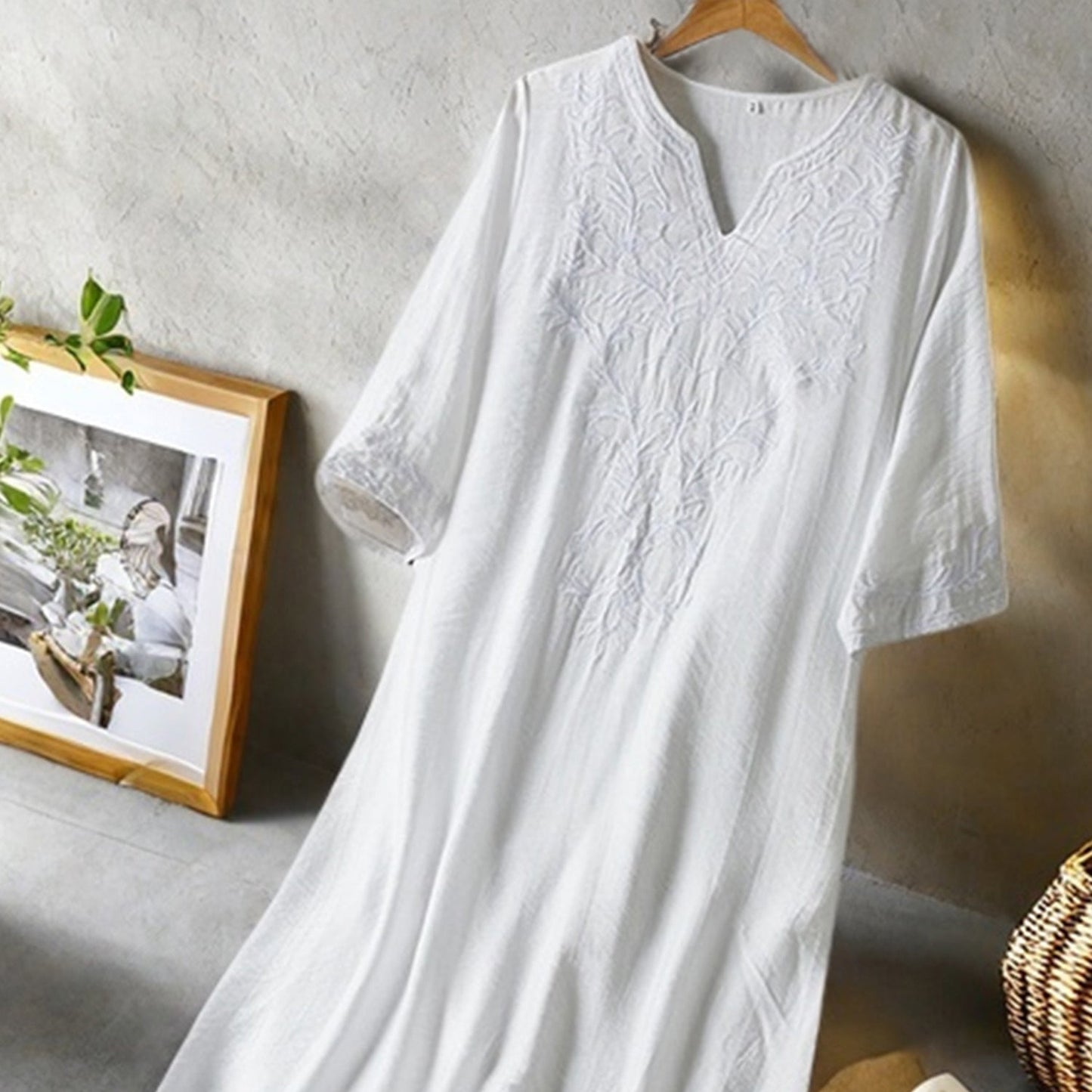 CloudLinen | Soft White Embroidered V-Neck Mid-Length Loose Summer Dress