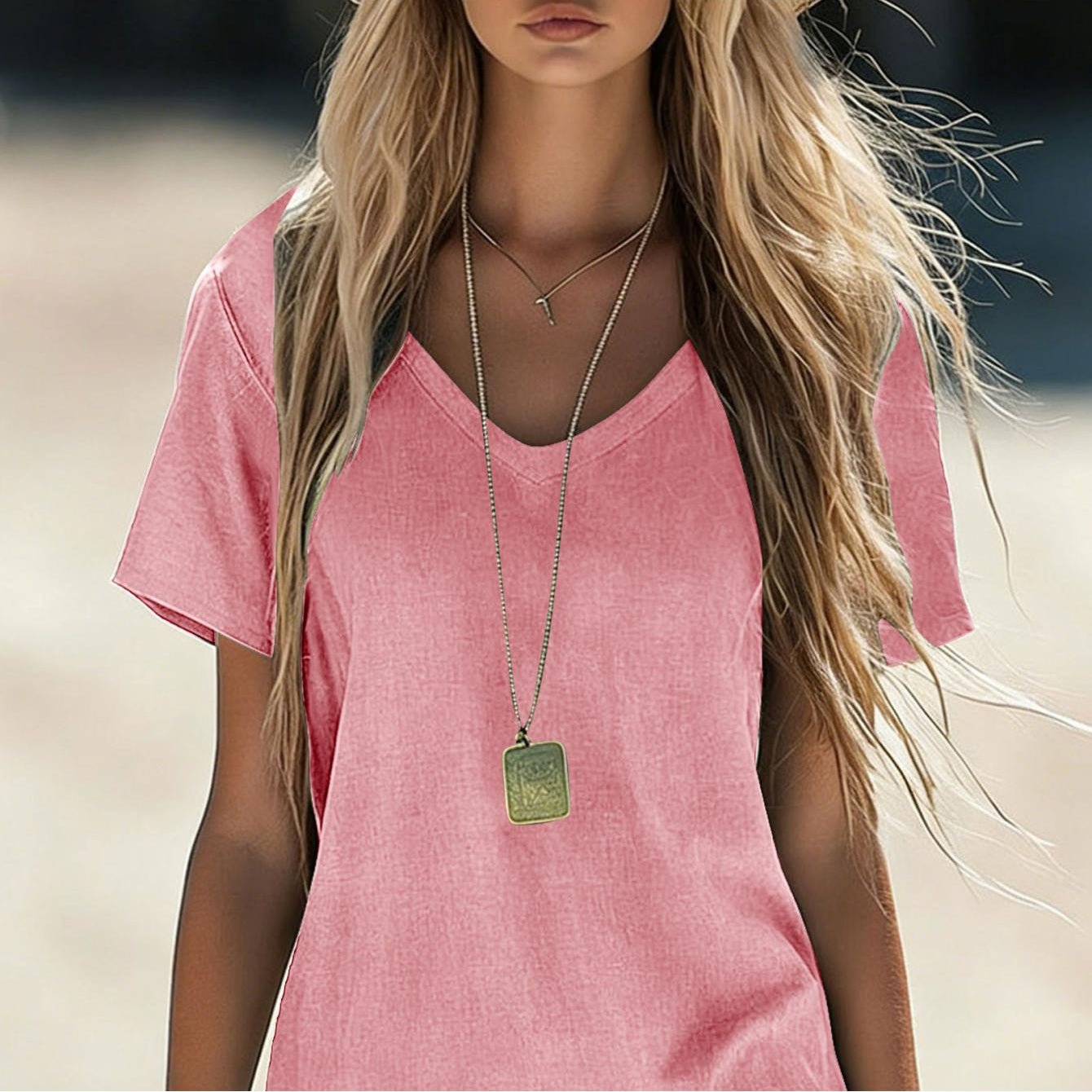 Comfortelle | Breathable Solid V-Neck Casual Dress with Pocket Detail