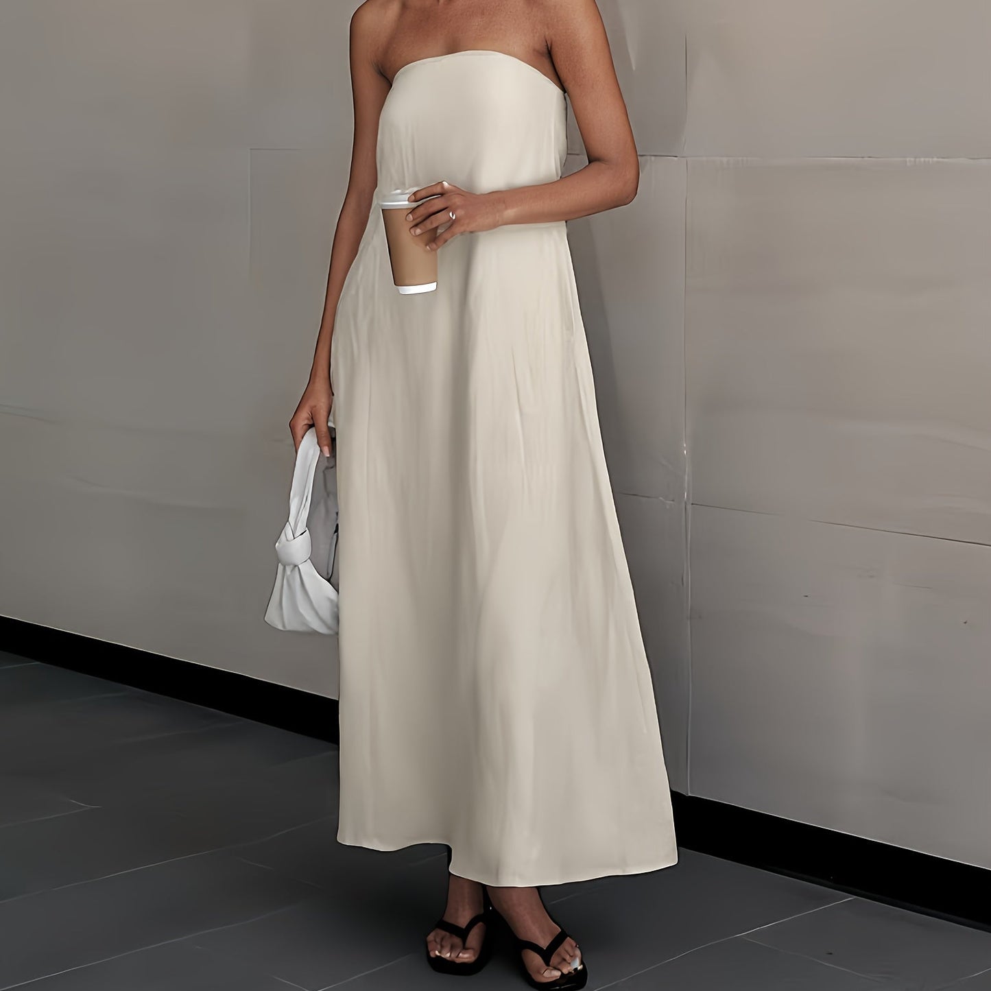 | Lightweight Linen Strapless Long Dress Smooth Texture Casual Solid Color