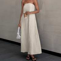 | Lightweight Linen Strapless Long Dress Smooth Texture Casual Solid Color