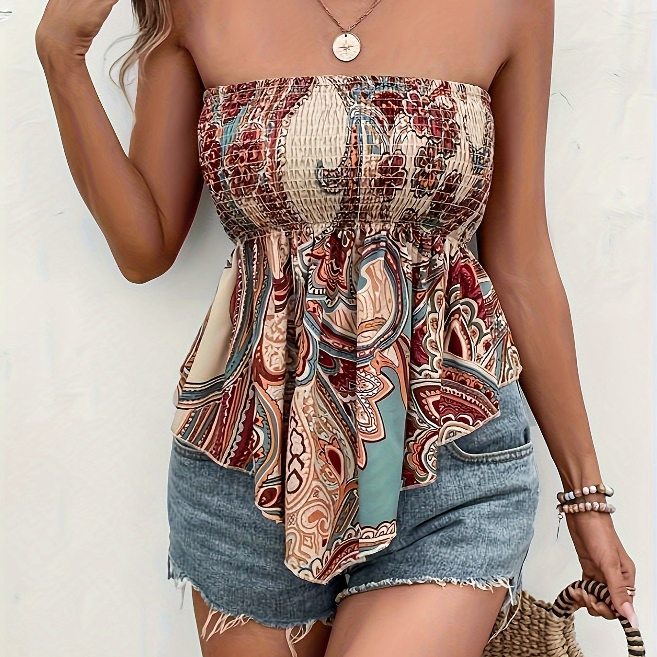 Shirred Paisley Bandeau Top with Hanky Hem