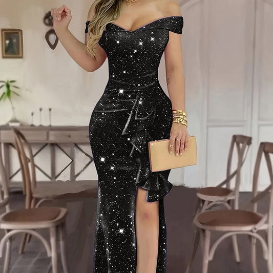 Off-Shoulder Celebration Dress Glittery Pink Fabric Formal Wear