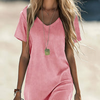 Comfortelle | Breathable Solid V-Neck Casual Dress with Pocket Detail