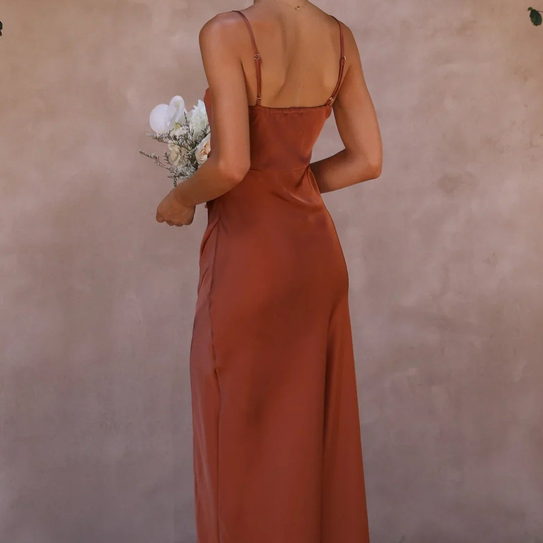 Ladies Silky Fabric Slip Dress Straight Neckline Side Split