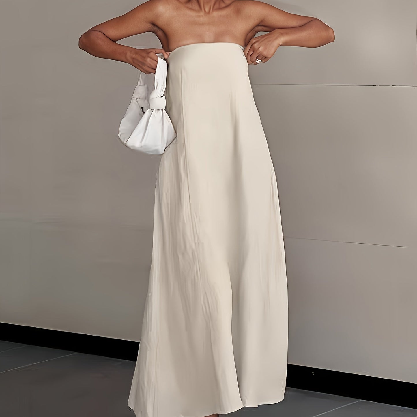 | Lightweight Linen Strapless Long Dress Smooth Texture Casual Solid Color