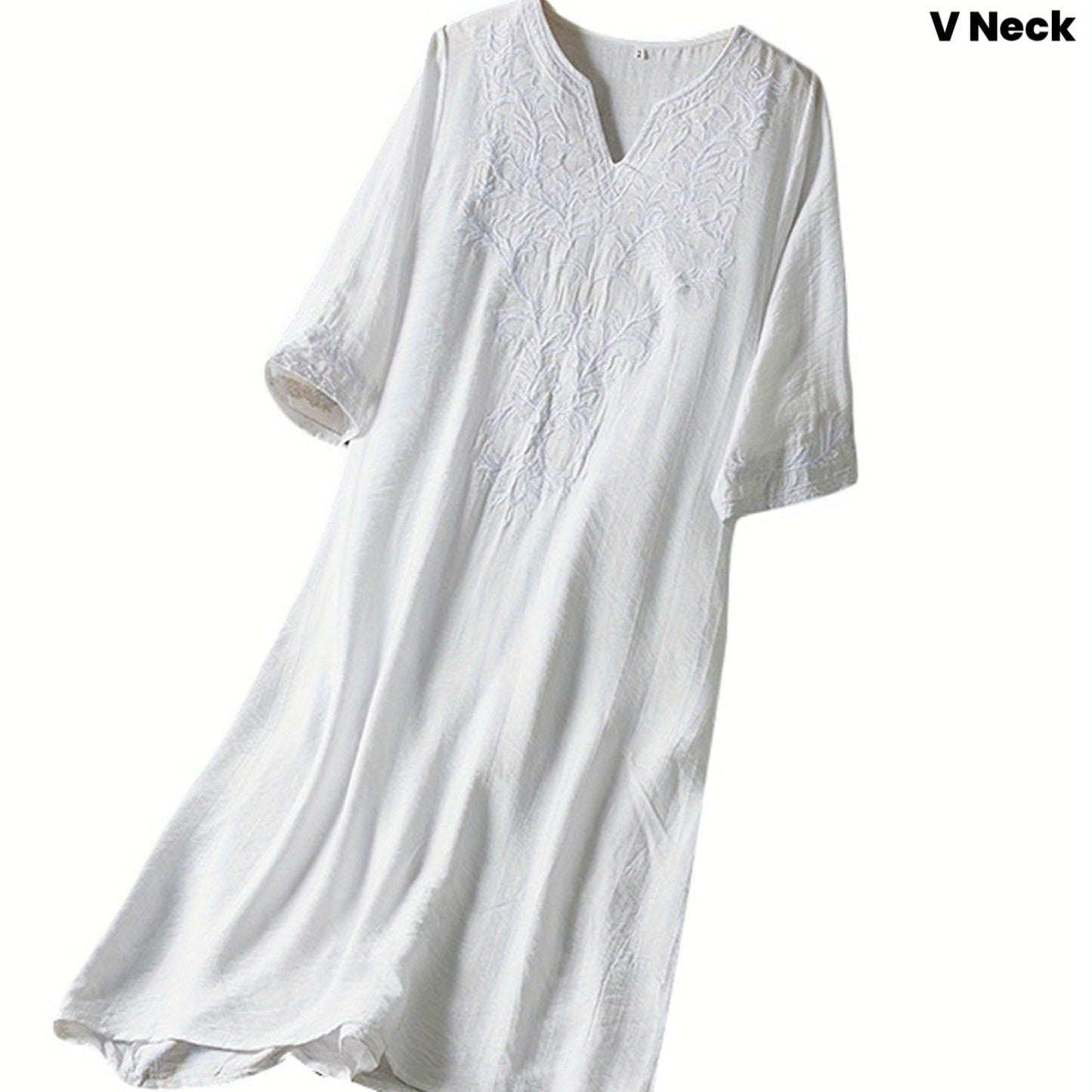 CloudLinen | Soft White Embroidered V-Neck Mid-Length Loose Summer Dress