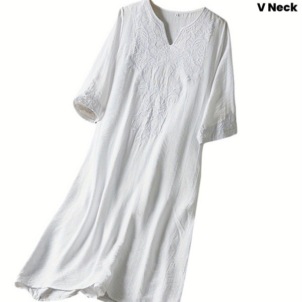 CloudLinen | Soft White Embroidered V-Neck Mid-Length Loose Summer Dress