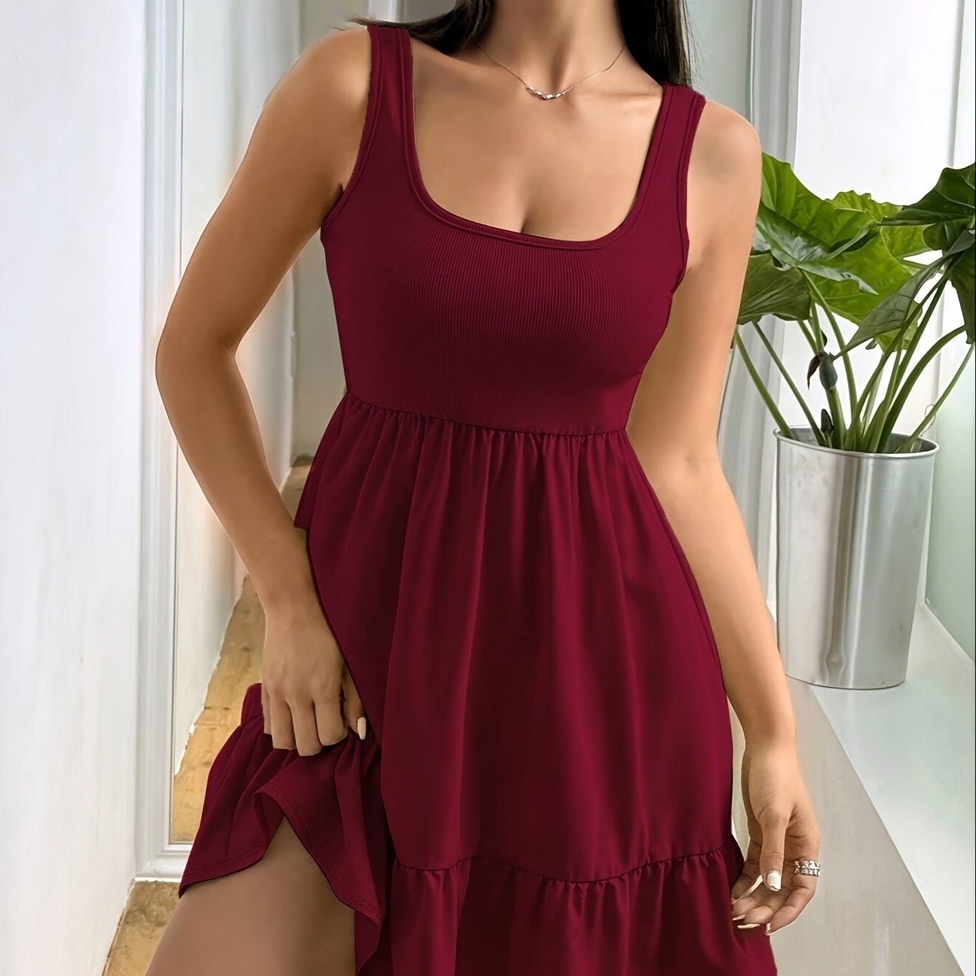 Ruffled Lychee Leaf Off-Shoulder Beach & Resort Dress for Women