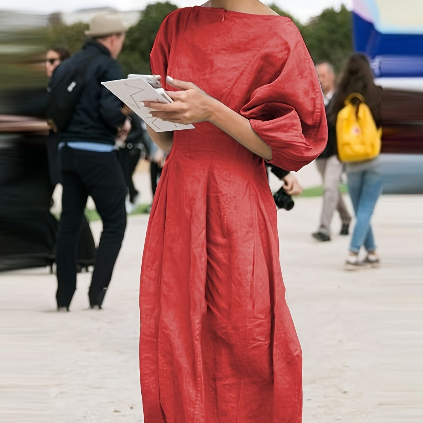 BreezyThreads | Solid Color Round Neck Linen Midi Dress for Summer