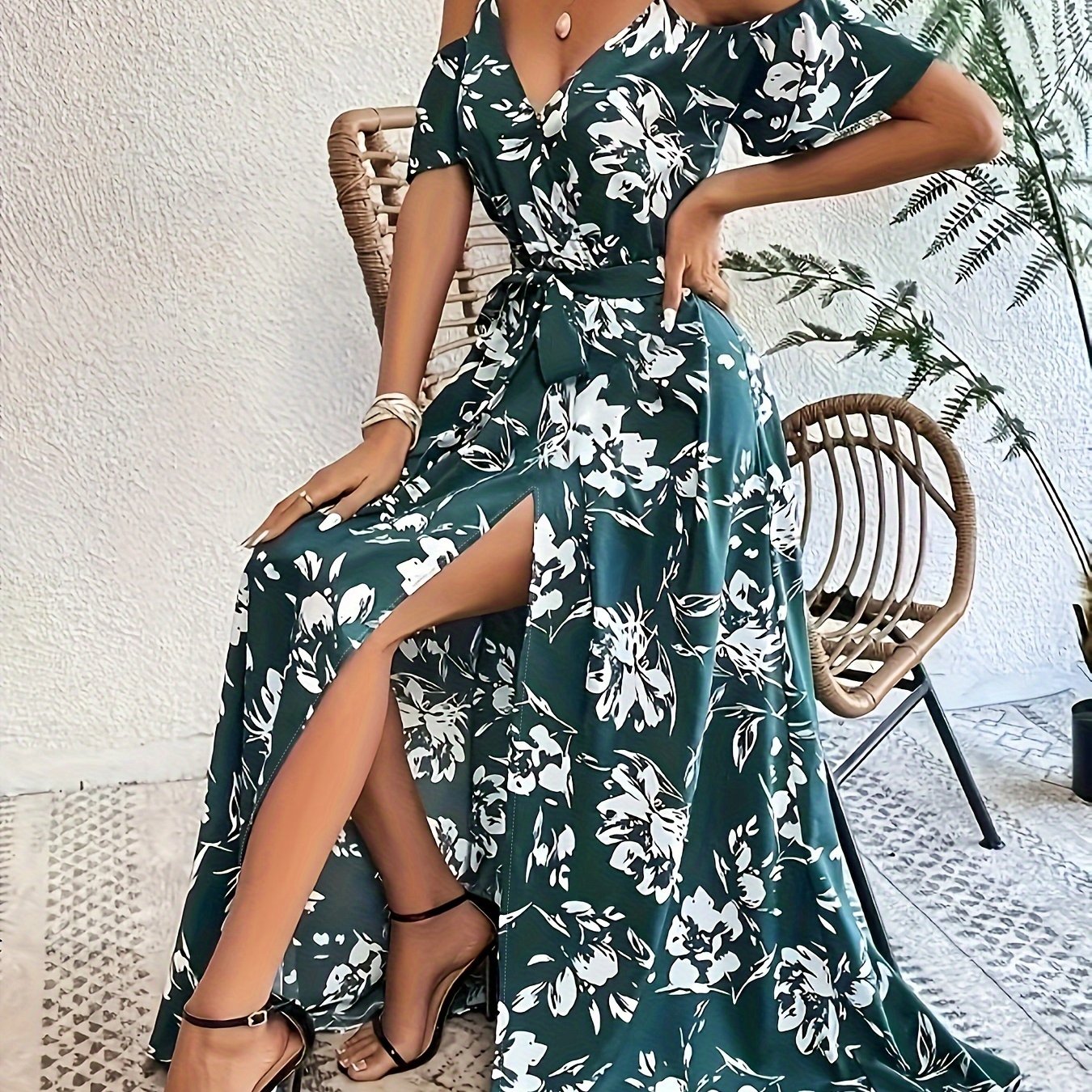 Sleeveless Floral Midi Dress with Side Slit