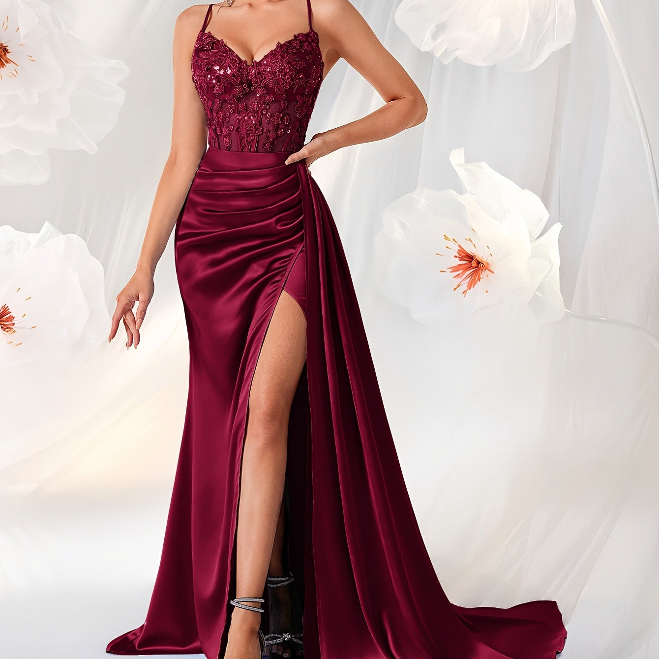 Women’s Elegant Backless V-Neck Dress with Embroidery and High-Waisted Silhouette, Perfect for Parties