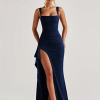 Backless Satin Dress with Ruffle Detail