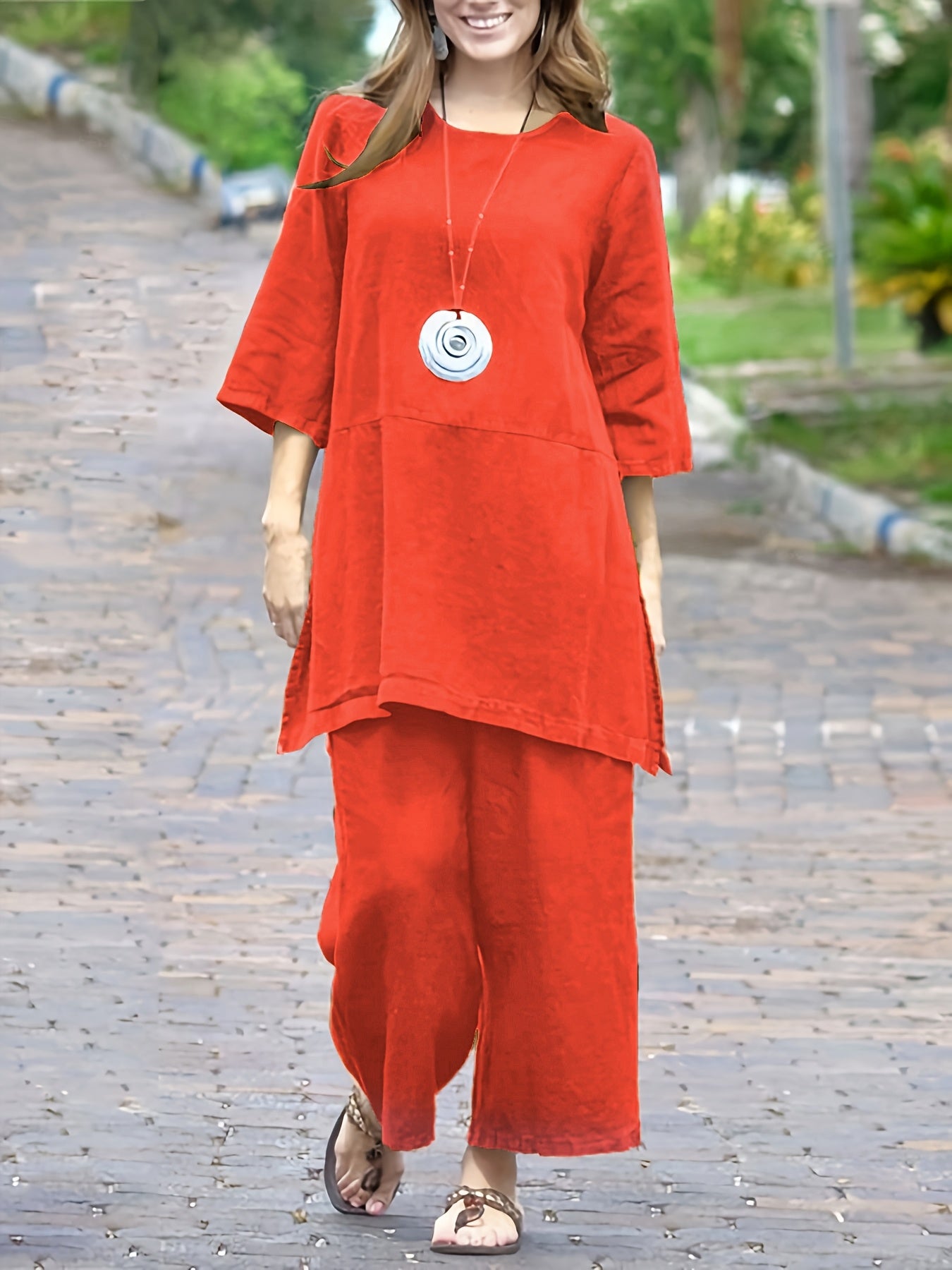 | Women’s Colorblock Casual Shirt and Wide Leg Pants Set