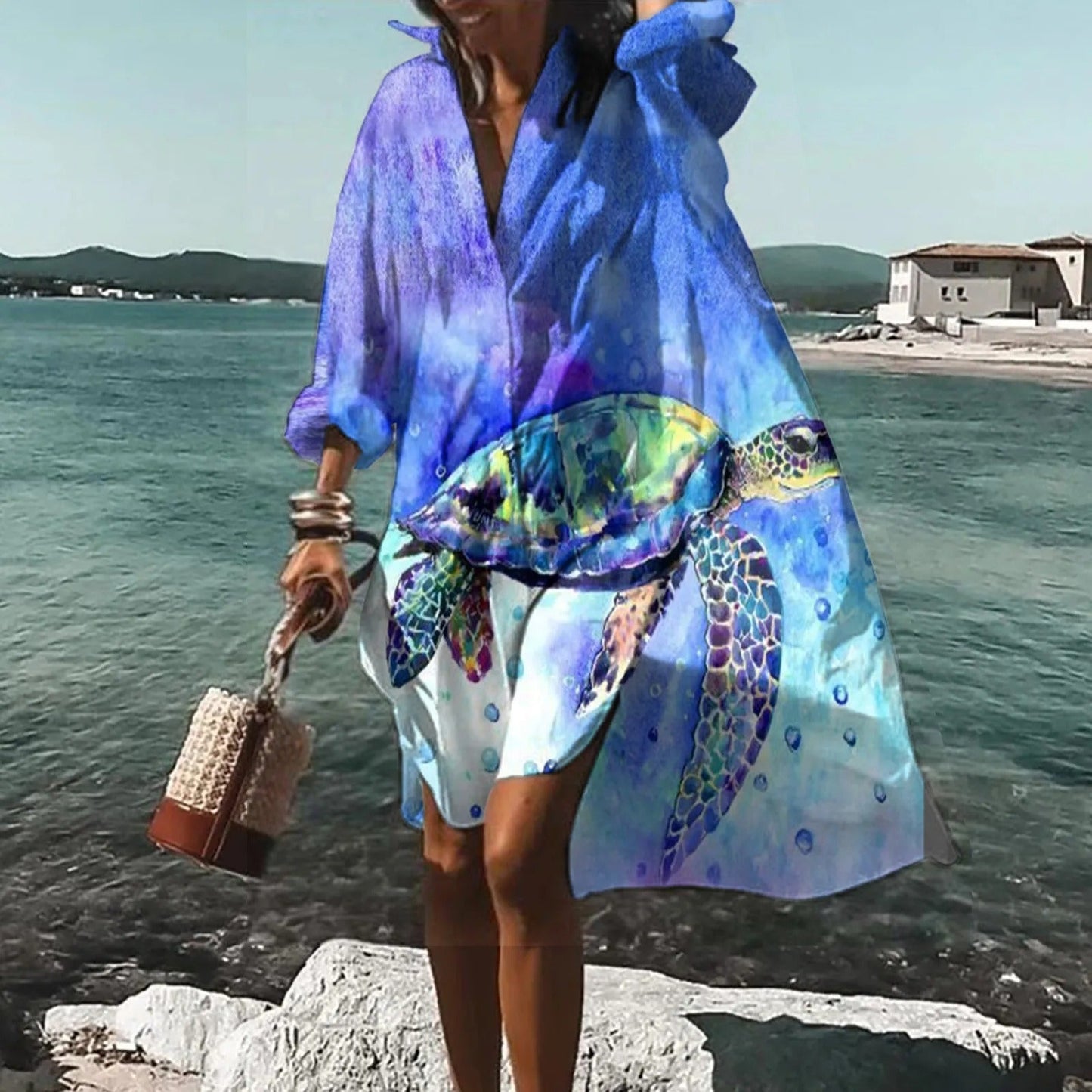 Casual Printed Shirt Midi Dress