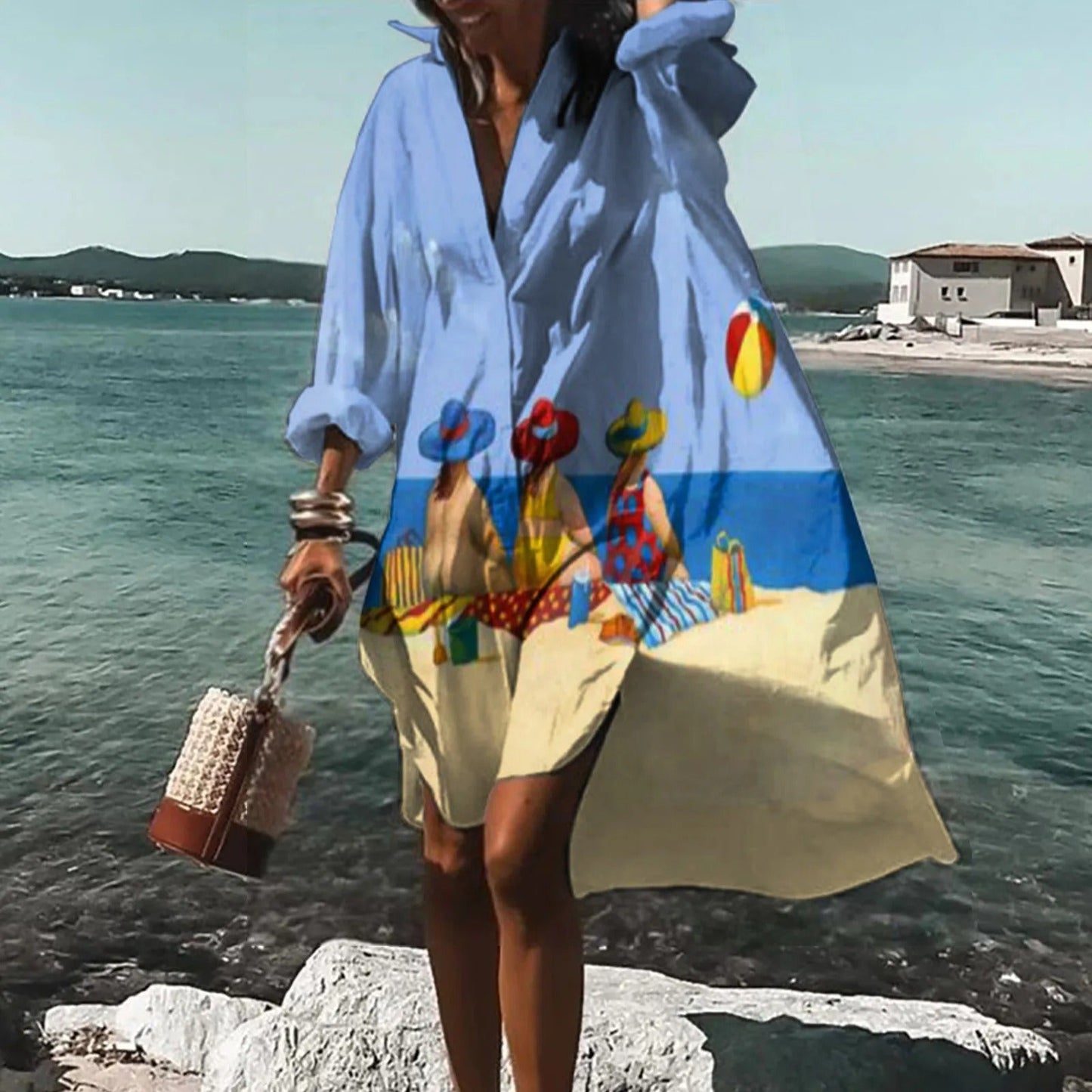 Casual Printed Shirt Midi Dress