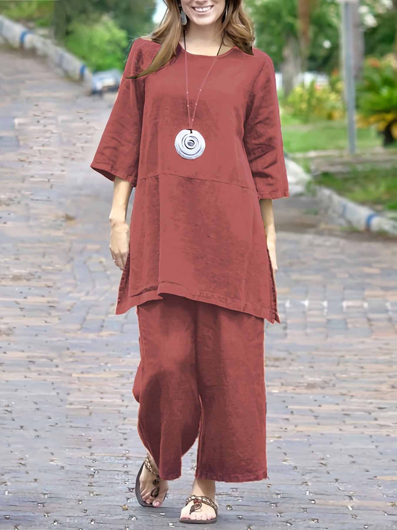 | Women’s Colorblock Casual Shirt and Wide Leg Pants Set