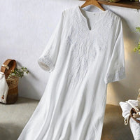 CloudLinen | Soft White Embroidered V-Neck Mid-Length Loose Summer Dress
