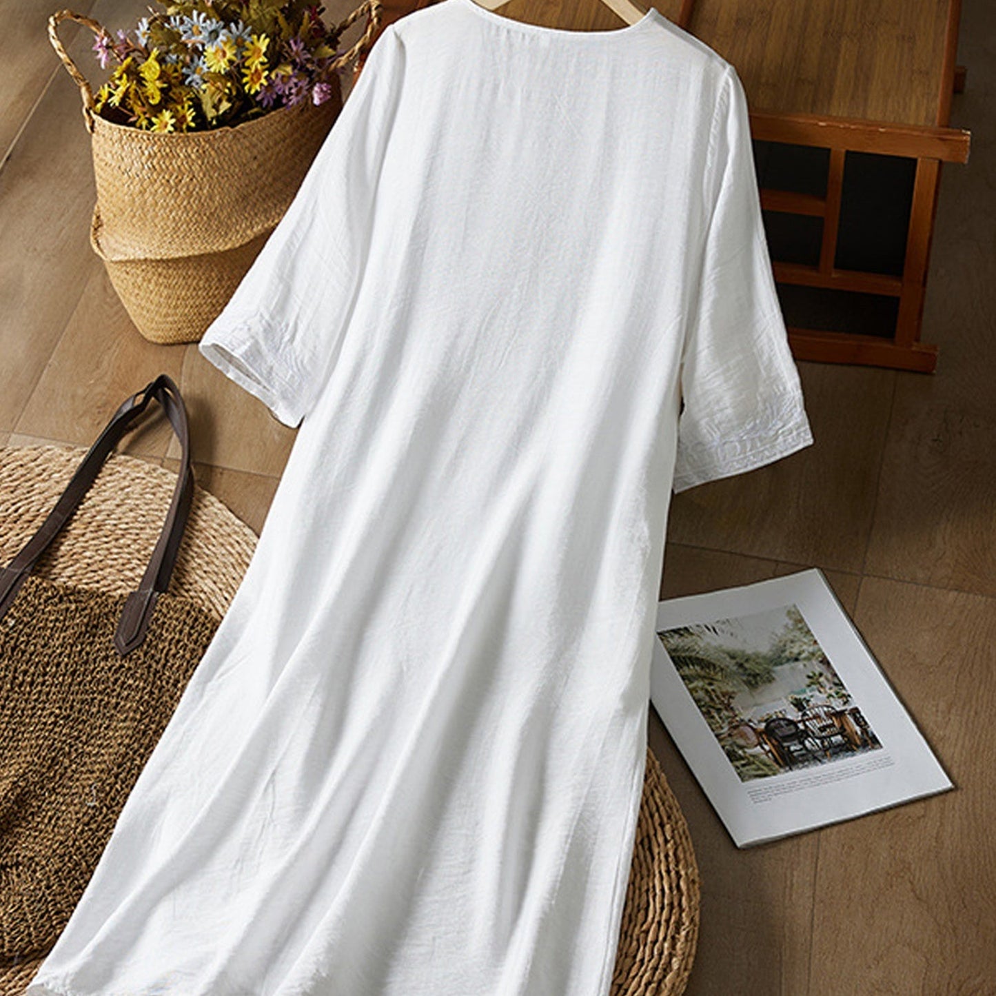 CloudLinen | Soft White Embroidered V-Neck Mid-Length Loose Summer Dress