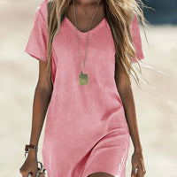 Comfortelle | Breathable Solid V-Neck Casual Dress with Pocket Detail