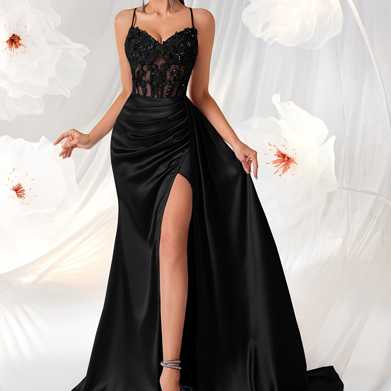 Women’s Elegant Backless V-Neck Dress with Embroidery and High-Waisted Silhouette, Perfect for Parties