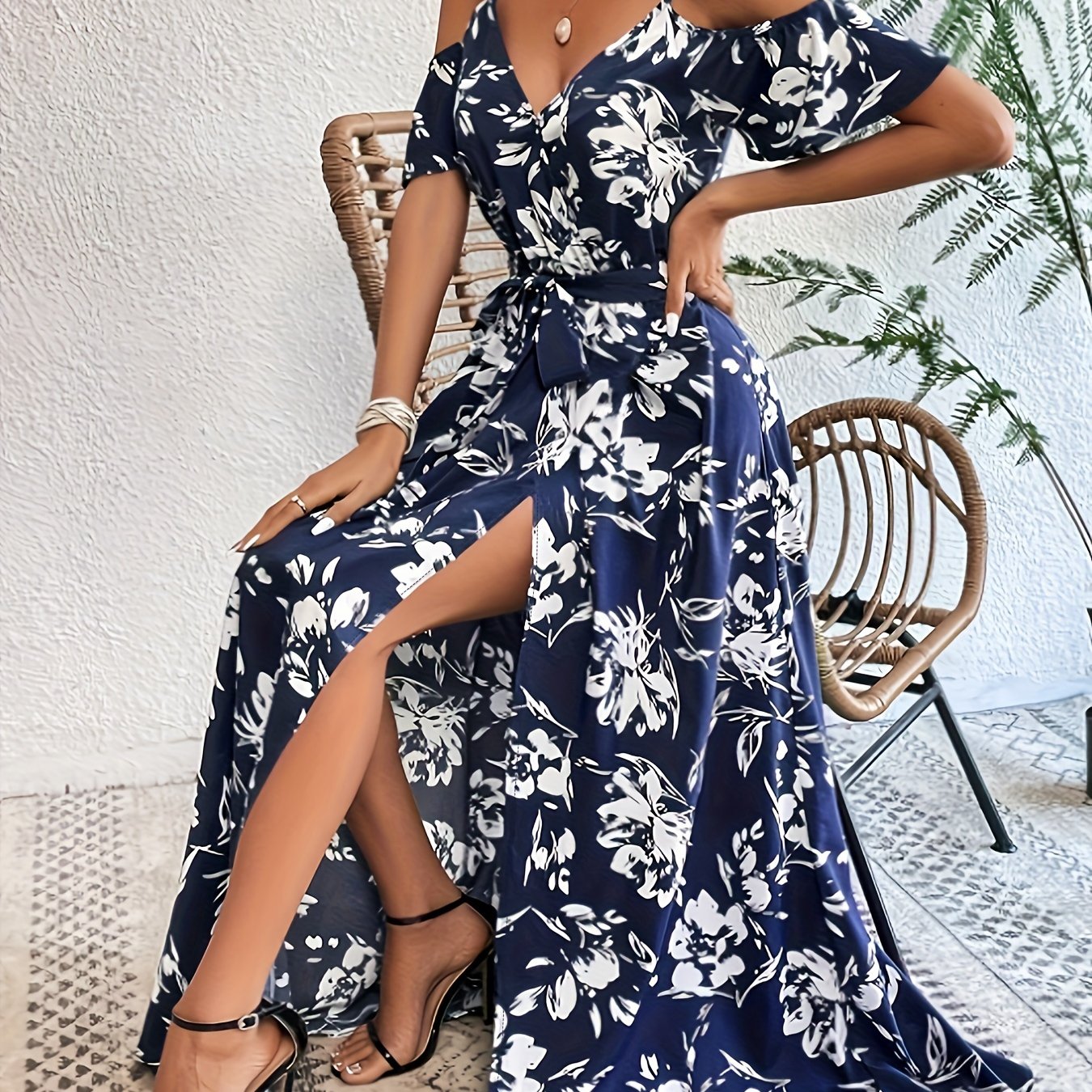 Sleeveless Floral Midi Dress with Side Slit