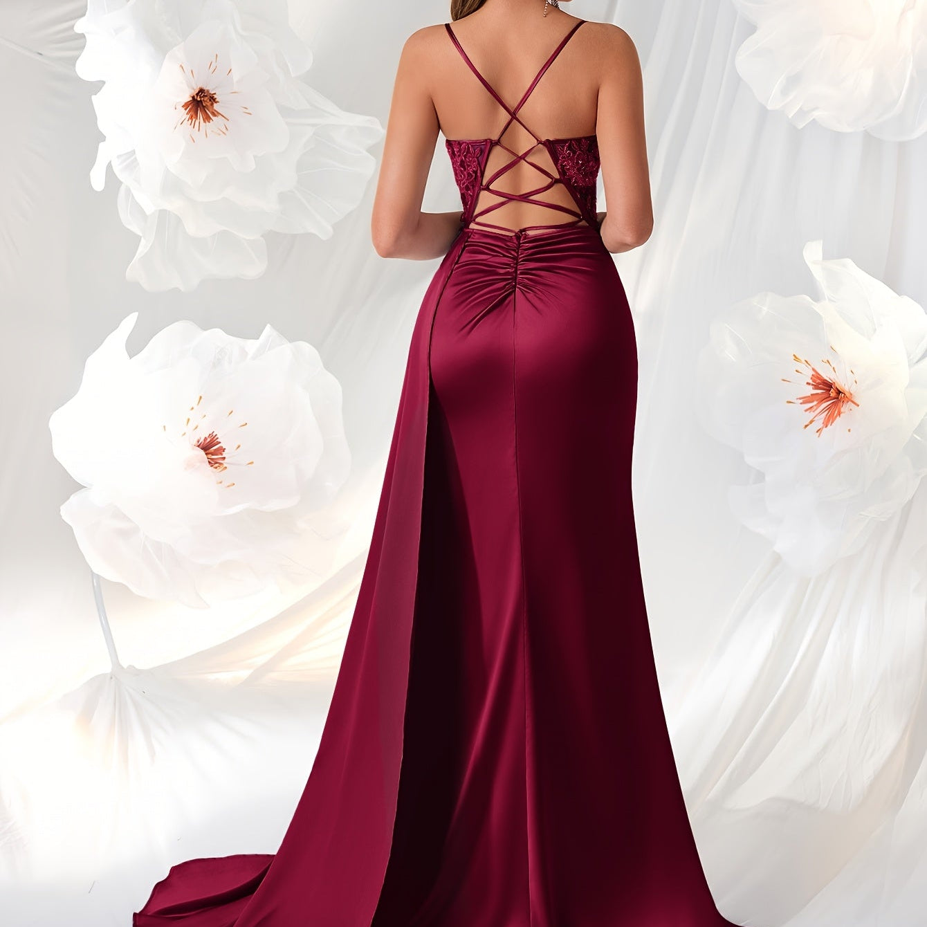 Women’s Elegant Backless V-Neck Dress with Embroidery and High-Waisted Silhouette, Perfect for Parties