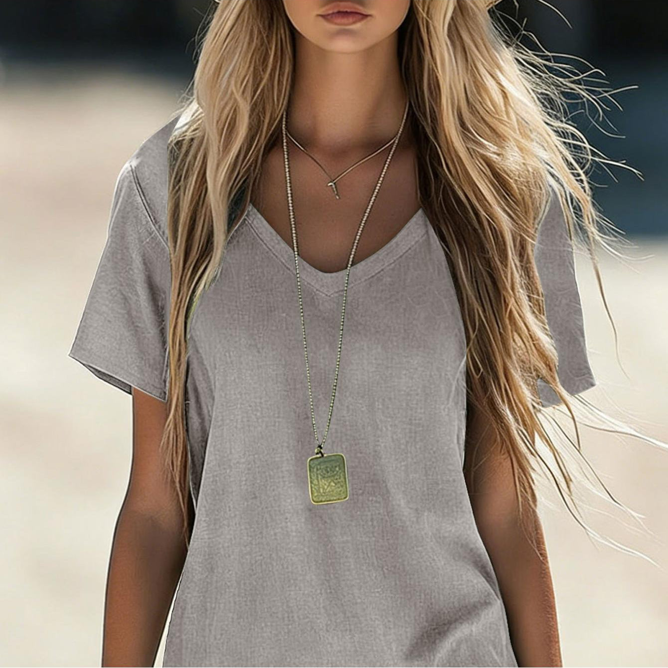 Comfortelle | Breathable Solid V-Neck Casual Dress with Pocket Detail