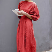 BreezyThreads | Solid Color Round Neck Linen Midi Dress for Summer