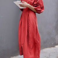 BreezyThreads | Solid Color Round Neck Linen Midi Dress for Summer