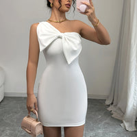 Asymmetrical White Bodycon Dress with Bow Detail
