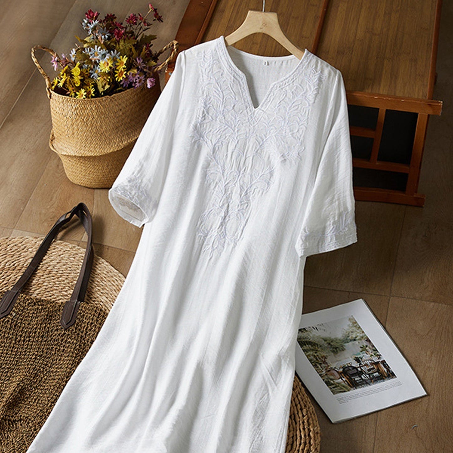 CloudLinen | Soft White Embroidered V-Neck Mid-Length Loose Summer Dress