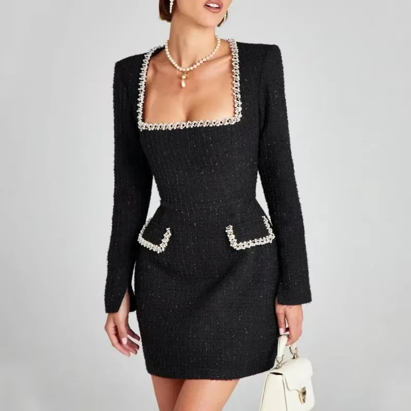 Glam Tweed Mini Dress Long Sleeve Square Neck Celebration Dress