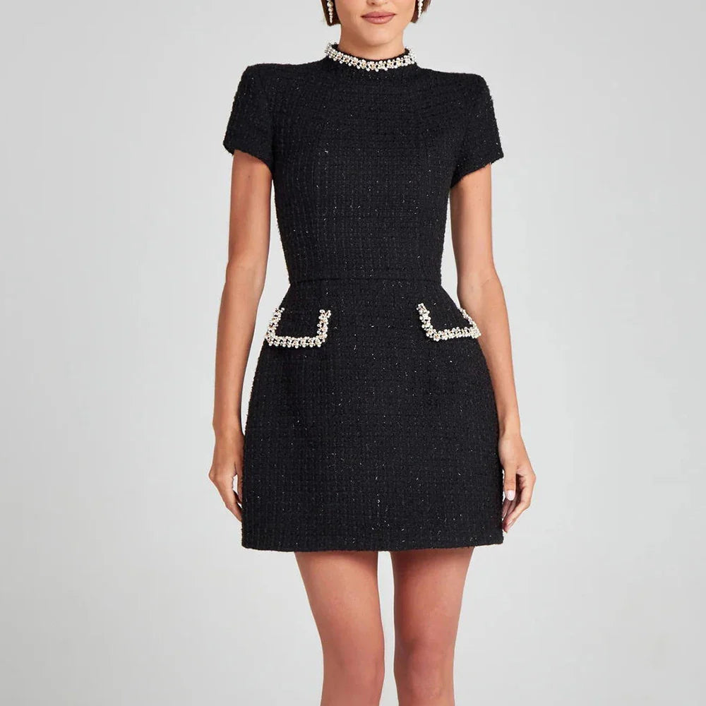 Glam Tweed Mini Dress Long Sleeve Square Neck Celebration Dress