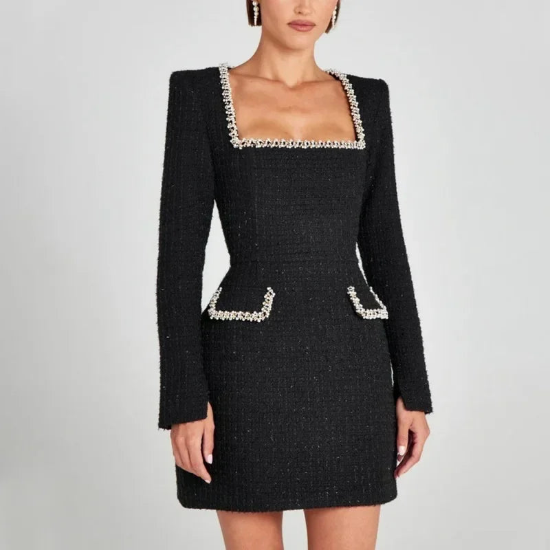 Glam Tweed Mini Dress Long Sleeve Square Neck Celebration Dress