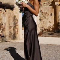 Ladies Silky Fabric Slip Dress Straight Neckline Side Split